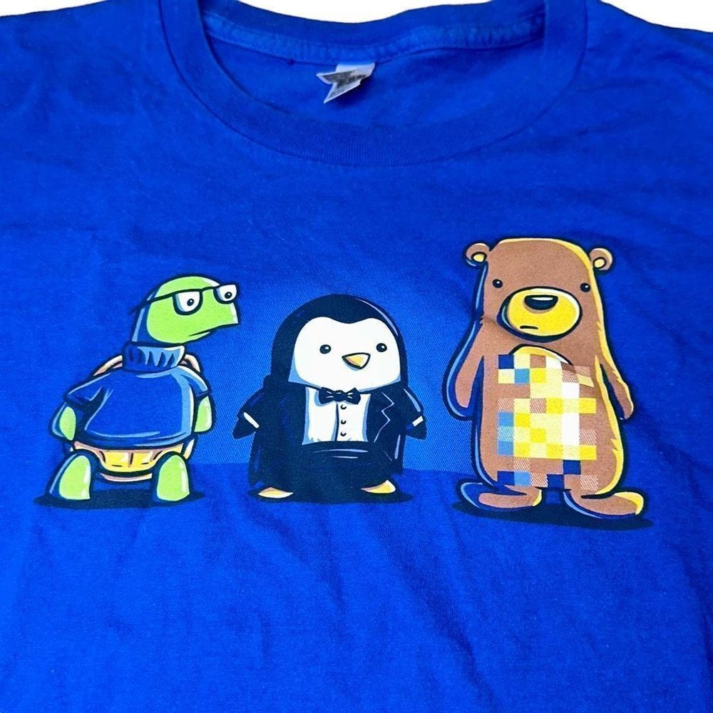 Bear Naked, turtle neck, penguin suit adorable t shirt women’s size L in blue
